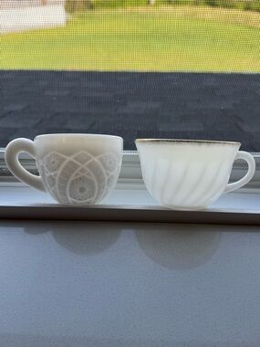 VINTAGE White Milk Glass Teacups - Embossed & Gold-Rim